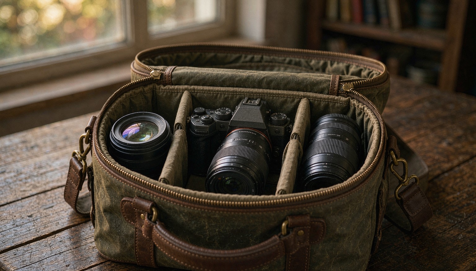 Waxed canvas camera bag with a padded insert holding a camera and lenses