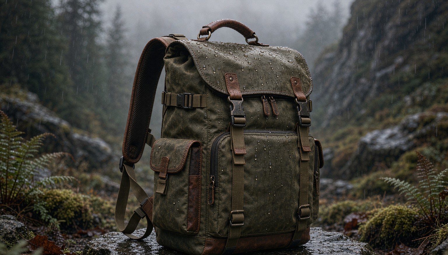Wasserdichter Rucksack aus gewachstem Canvas für Kameras im Regen stehend